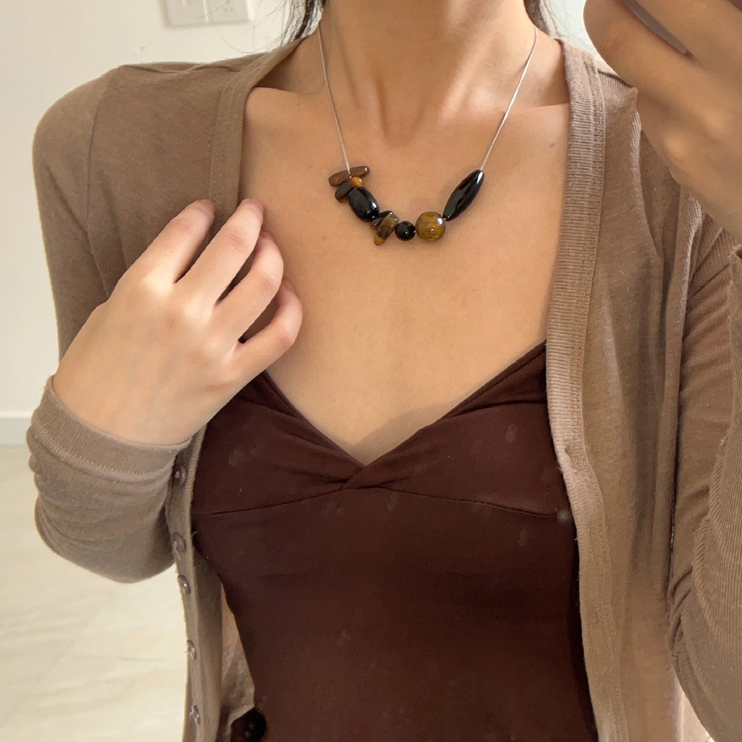 Unique irregular stone stitched string necklace